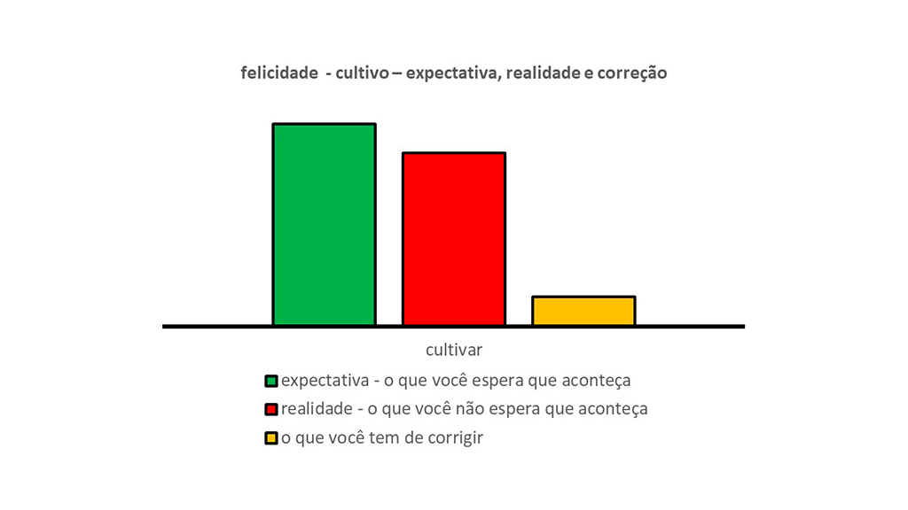 Esse gráfico mostra como cultivar a sua felicidade. Ele também mostra a comparação entre a expectativa e a realidade duas faces desse cultivo. Ou seja, mostra o que você espera (barra verde) e o que você não espera (barra vermelha) que aconteça enquanto você cultiva a sua felicidade.