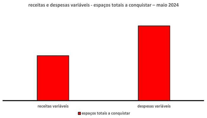 Esse gráfico tem duas barras verticais. Uma à esquerda. Outra à direita.
A barra à esquerda mostra as receitas variáveis. A da esquerda as despesas variáveis.
Como já foi dito na introdução, a altura das barras traduz os tamanhos dos espaços que podem ser ocupados a fim de buscar compensar receitas e despesas variáveis.  Desse modo, a maior altura é a barra das despesas variáveis à direita. Em síntese, isso quer dizer que ali existe um espaço para reduzir as despesas variáveis. A barra à esquerda é um pouco menor do que a barra à direita. Em outras palavras, isso quer dizer que a margem de ação para aumentar as receitas variáveis é um pouco menor.
