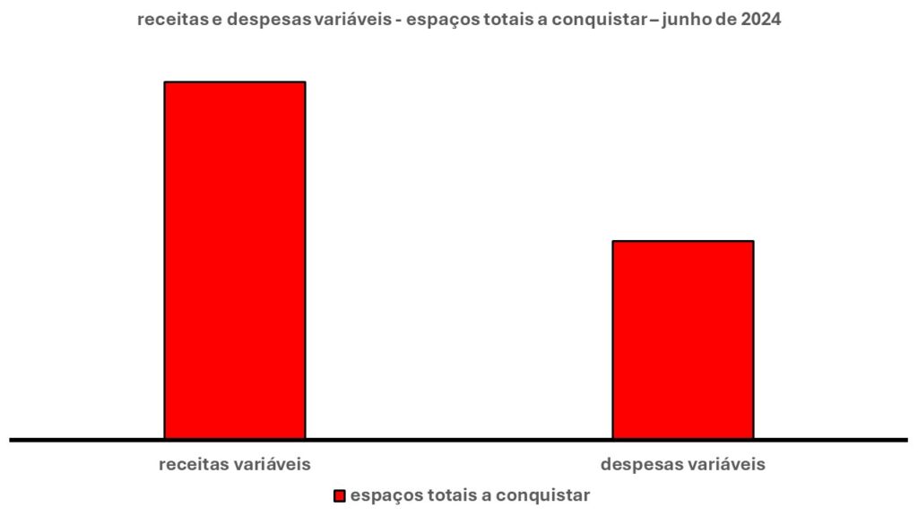 Esse gráfico tem duas barras verticais. Uma à esquerda. Outra à direita.
A barra à esquerda mostra as receitas variáveis. A da esquerda as despesas variáveis.
A altura das barras traduz os tamanhos dos espaços que podem ser ocupados a fim de buscar compensar receitas e despesas variáveis.  Desse modo, a maior altura é a barra das receitas variáveis à esquerda.
Em síntese, isso quer dizer que ali existe um espaço para aumentar as receitas variáveis. A barra à direita é um pouco menor do que a barra à esquerda.
Em outras palavras, isso quer dizer que a margem de ação para aumentar as receitas variáveis é um pouco maior.