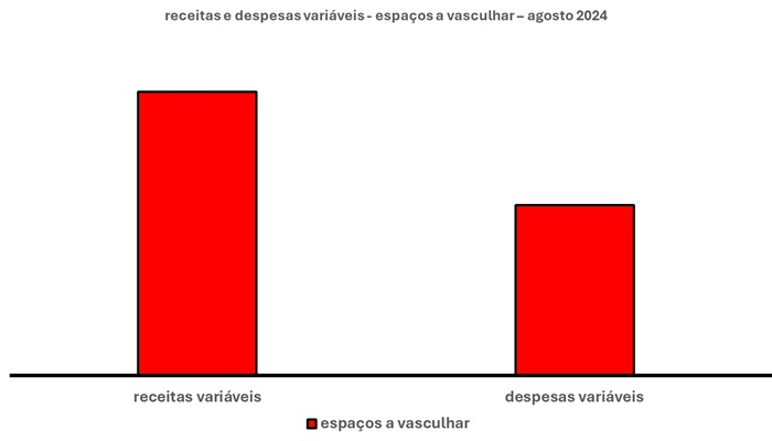 Esse gráfico tem duas barras verticais. Uma à esquerda. Outra à direita.
A barra à esquerda mostra os espaços para aumentar as receitas variáveis. A da esquerda, os espaços para diminuir as despesas variáveis.
A altura das barras traduz os tamanhos dos espaços que podem ser ocupados a fim de buscar compensar receitas e despesas variáveis.  Desse modo, a maior altura é a barra das receitas variáveis à esquerda.
Em síntese, isso quer dizer que, neste mês, existe um espaço um pouco maior para aumentar as receitas variáveis do que para diminuir as despesas variáveis.

É só ir atrás!
