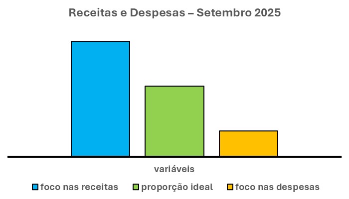 O gráfico acima tem três barras verticais. A barra ao centro é a solução. A que causa um GRANDE IMPACTO nessas receitas e despesas variáveis.

PROVIDÊNCIAS PARA CUMPRIR A META

Sendo assim, CUMPRIR A META exige:
Em primeiro lugar, REDUZIR O FOCO nas RECEITAS VARIÁVEIS.
Ao mesmo tempo, AMPLIAR O FOCO nas DESPESAS VARIÁVEIS.