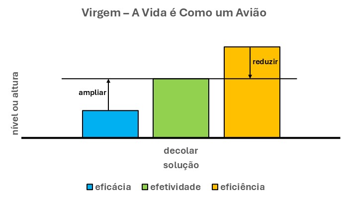 VIRGEM - A VIDA É COMO UM AVIÃO
A barra verde desse gráfico é o modelo. Mais do que isso, é a solução. Para que você erga, levante ou decole sua vida.  
Todavia, isso se dá caso você faça a síntese das duas outras barras (azul e laranja). Ou seja, se você ampliar a sua eficácia (barra azul). Em outras palavras, ampliar a sua ênfase na meta a que se propôs.
Por outro lado, se você reduzir a sua eficiência (barra laranja). Por fim, reduzir a ênfase nos meios. Ou seja, nos recursos para chegar ao final.
Em suma, se dedicar com o mesmo vigor.  Em primeiro lugar, nos efeitos que espera alcançar (eficácia). Depois disso, nos meios que pretende empregar (eficiência).
Só assim, suas ações para erguer-se. Ou, para decolar, podem ter um grande impacto em sua vida.