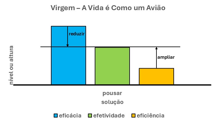 
A barra verde desse gráfico é o modelo. Mais do que isso, é a solução. Para que você pouse tranquilo em sua vida. 
Todavia, isso se dá caso você faça a síntese das duas outras barras (azul e laranja). Ou seja, se você reduzir a sua eficácia (barra azul). Em outras palavras, reduzir a sua ênfase na meta a que se propôs.
Por outro lado, se você ampliar a sua eficiência (barra laranja). Por fim, ampliar a ênfase nos meios. Ou seja, nos recursos para chegar ao final.
Em suma, se dedicar com o mesmo vigor.  Em primeiro lugar, nos efeitos que espera alcançar (eficácia). Depois disso, nos meios que pretende empregar (eficiência).
Só assim, suas ações para pousar tranquilo em sua vida podem ter um grande impacto em sua vida.