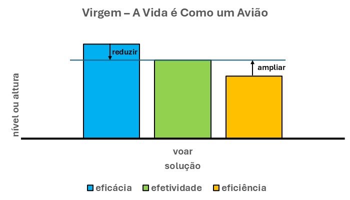 VIRGEM - A VIDA É COMO UM AVIÃO
A barra verde desse gráfico é o modelo. Mais do que isso, é a solução. Para que você voe, ou se mantenha lá em cima em sua vida.
Todavia, isso se dá caso você faça a síntese das duas outras barras (azul e laranja). Ou seja, se você reduzir a sua eficácia (barra azul). Em outras palavras, reduzir a sua ênfase na meta a que se propôs.
Por outro lado, se você ampliar a sua eficiência (barra laranja). Isto é, ampliar a ênfase nos meios. Ou seja, nos recursos para chegar ao final.
Em suma, se dedicar com o mesmo vigor.  Em primeiro lugar, nos efeitos que espera alcançar (eficácia). Depois disso, nos meios que pretende empregar (eficiência).
Só assim, suas ações para manter lá em cima. Ou, para fazer um cruzeiro, podem ter um grande impacto em sua vida.
